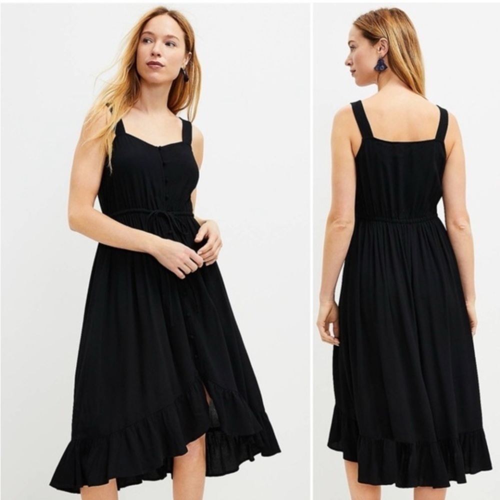LOFT Ruffle Dress Hi Low Midi Black Button Sundress Size 0 - Picture 2 of 11